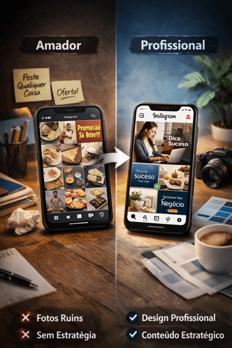 Comparação entre feeds do Instagram, entre o amador e profissional, representando como criar conteúdo do instagram profissional para empresa