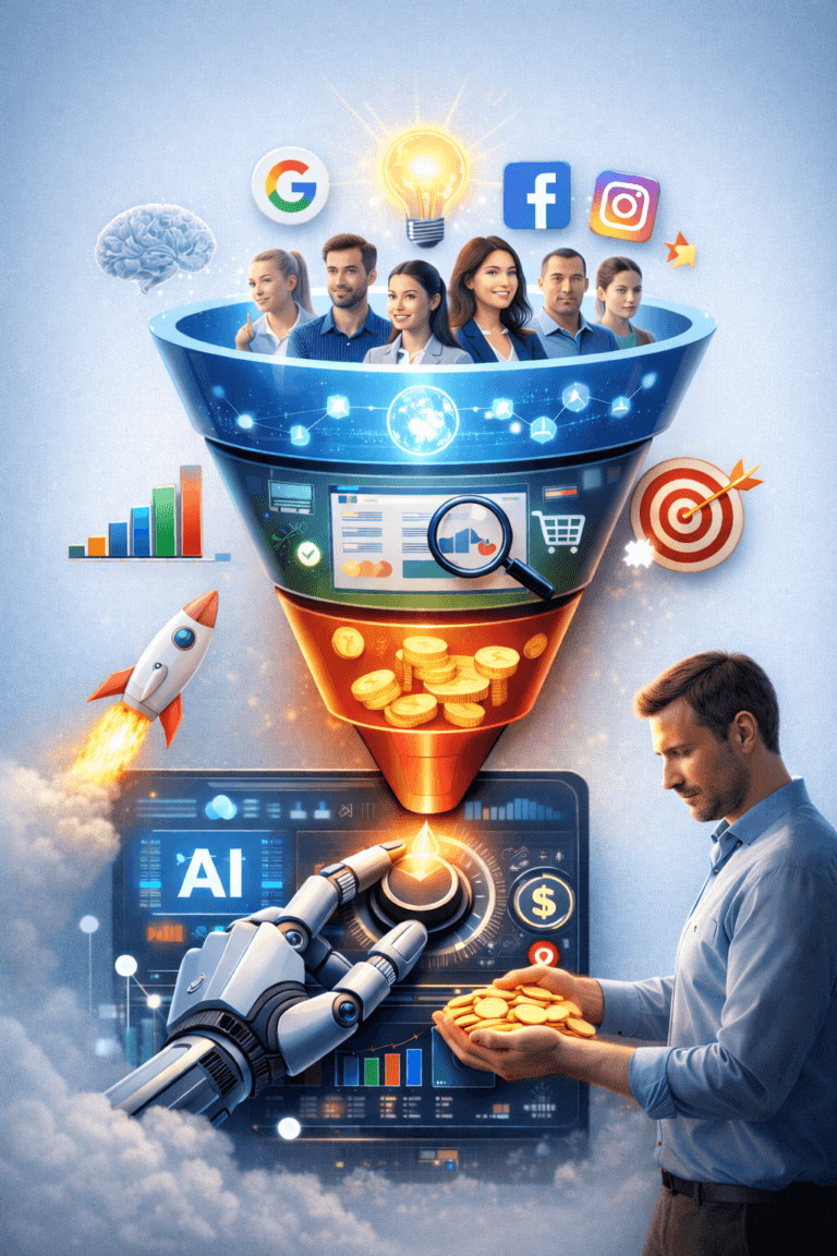 Imagem representando um Funil de Tráfego Pago Orientado por IA