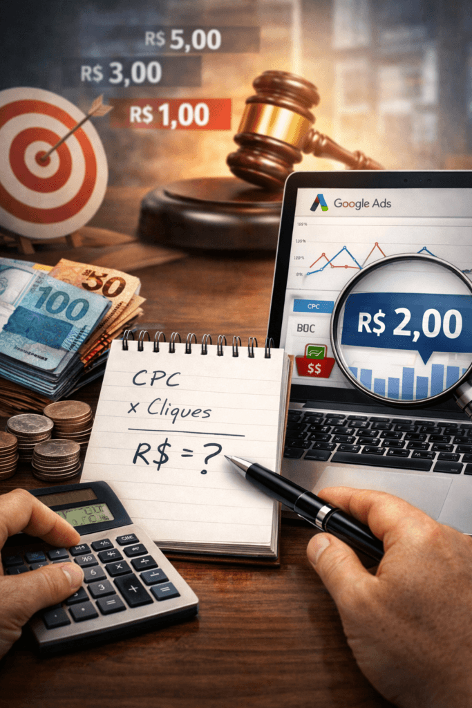 Empresário com calculadora na mão e notebook, fazendo contas para saber quanto investir no google ads