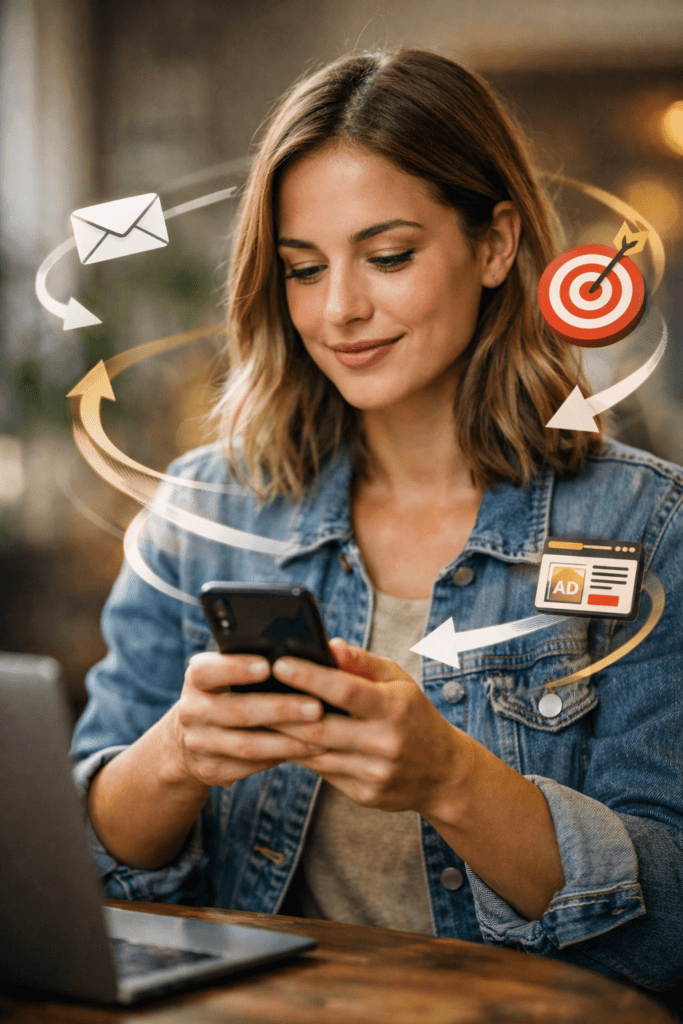 Mulher jovem representando uma consumidora sendo impactada pelo Remarketing e Retargeting de uma campanha de tráfego pago.