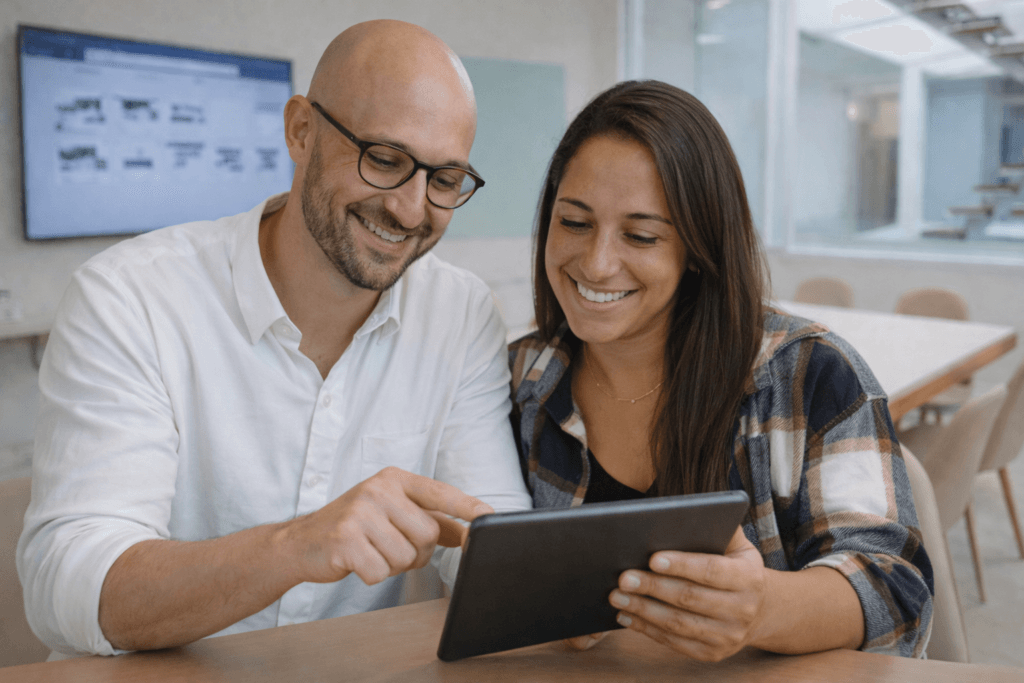 Fundadores da Ciclicko, Thiago e Bianca interagem com o tablet sobre conteúdo estratégico e gestão de tráfego