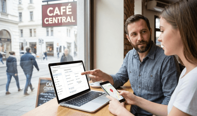 Empresário analisando o painel do Perfil da Empresa no notebook para aprender como otimizar o Google Meu Negócio e atrair clientes locais.