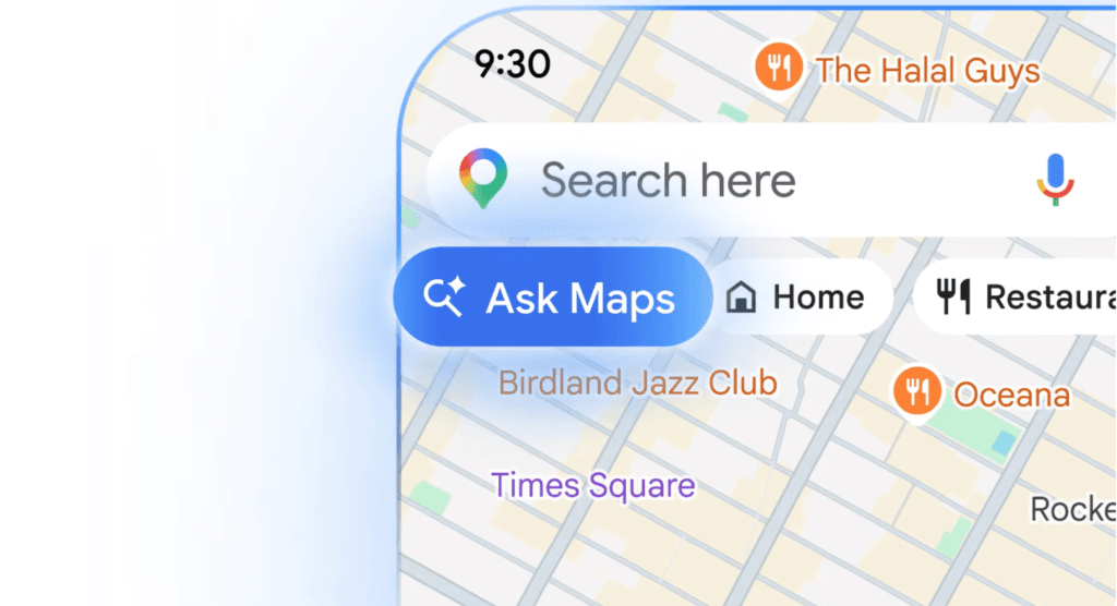 Nova interface do Google Ask Maps com Inteligência Artificial Gemini no Google Maps, mostrando pesquisa conversacional para negócios locais