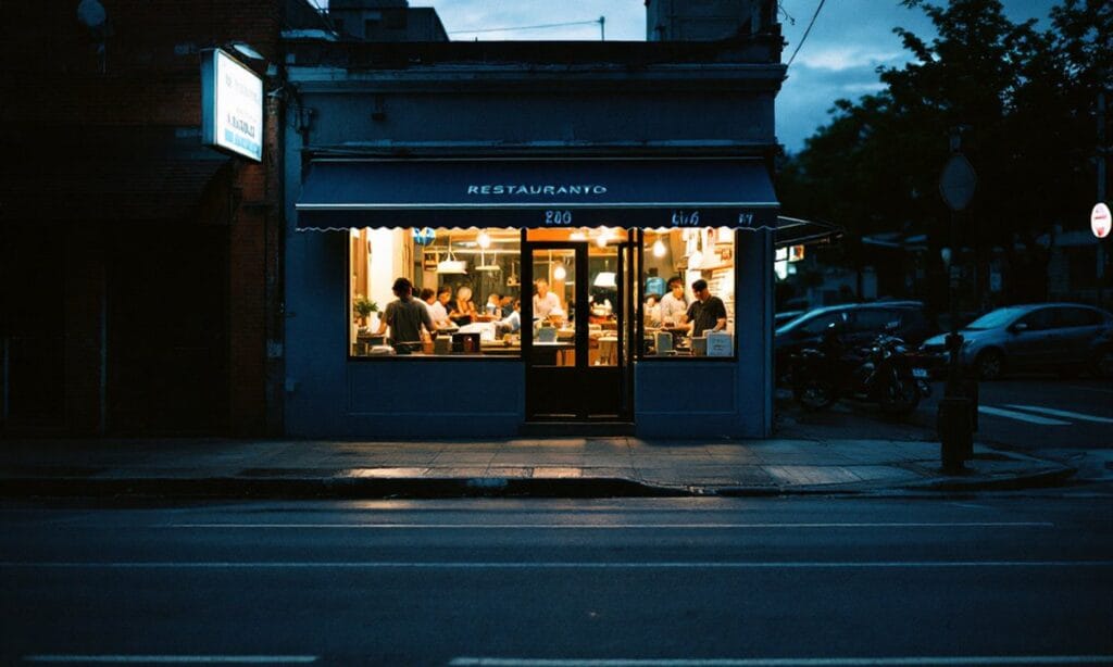Fachada de um restaurante de bairro iluminada no fim da tarde