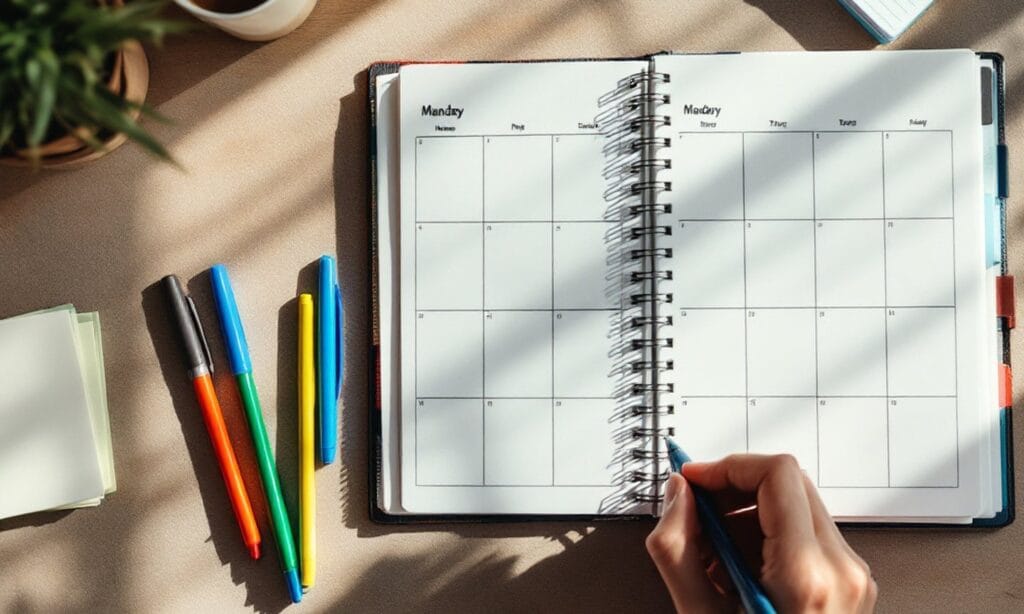 Planner mensal aberto sobre a mesa, sendo preenchido à mão com canetas coloridas