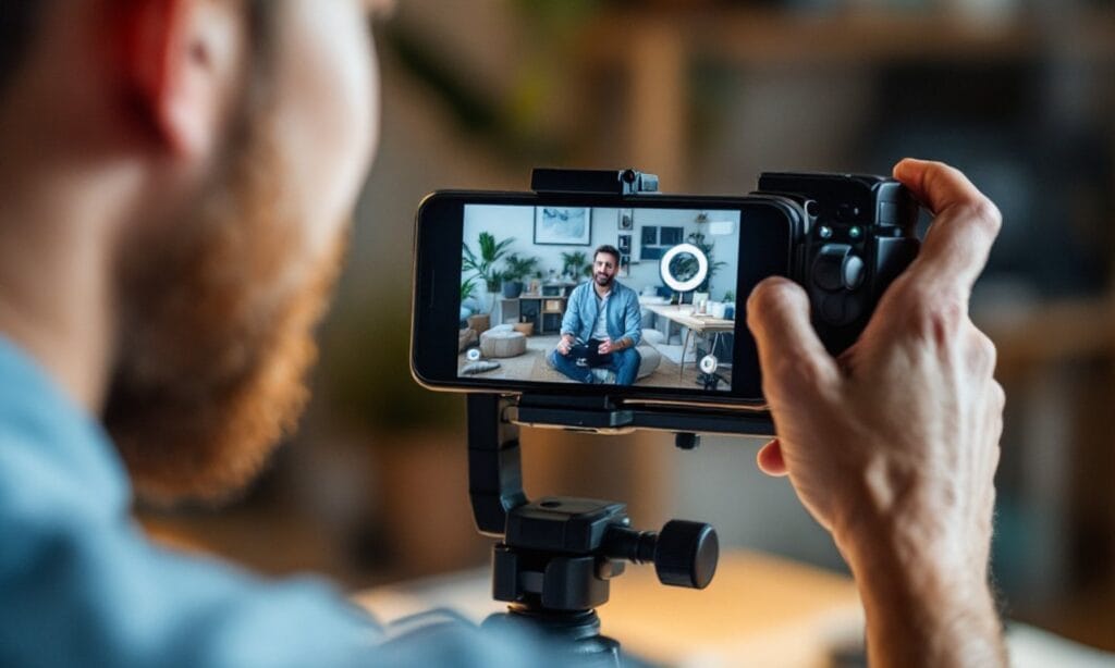 Dono de negócio gravando um vídeo curto do produto com o celular no tripé