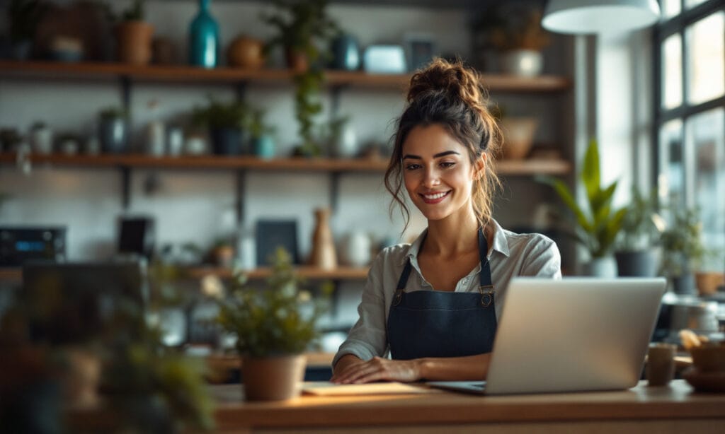 Dona de pequeno negócio usando o notebook na loja para anunciar no Google