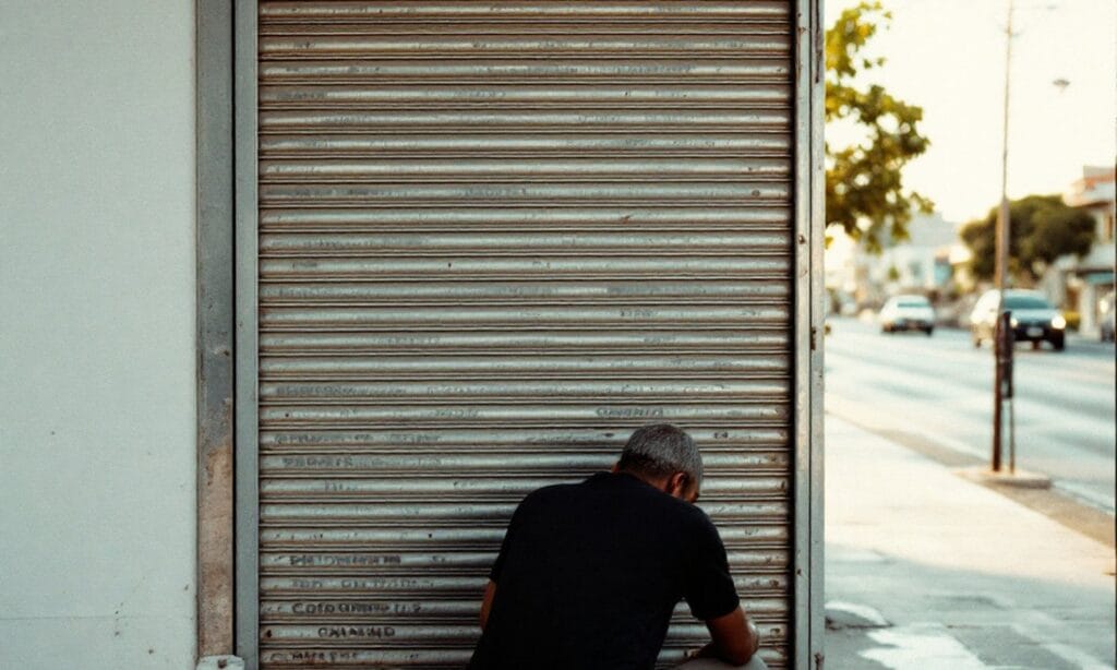 Comerciante abrindo a porta da loja no começo da manhã