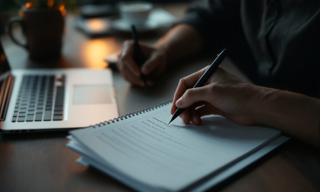 Mãos escrevendo rascunhos de anúncio num bloco ao lado do notebook