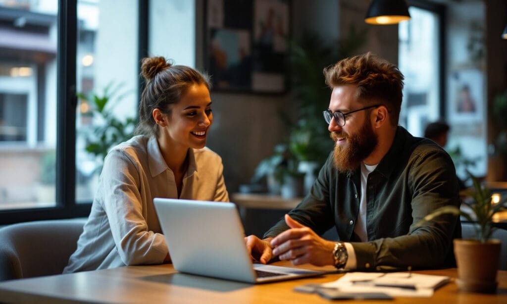 Consultor explicando a estratégia de Google Ads para um dono de pequeno negócio