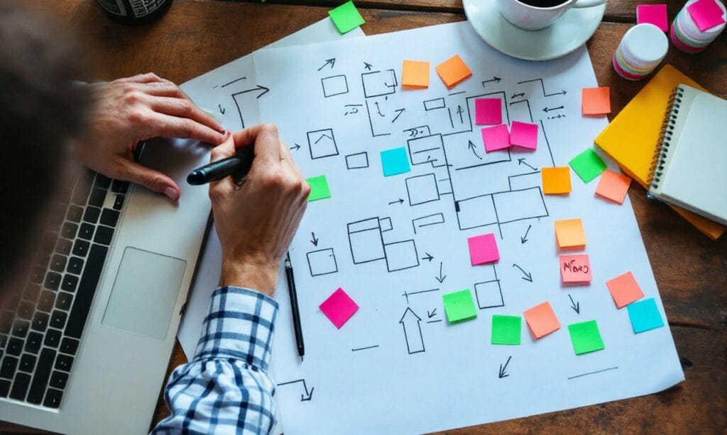 Mãos desenhando o fluxo de uma campanha no papel, com post-its coloridos sobre a mesa
