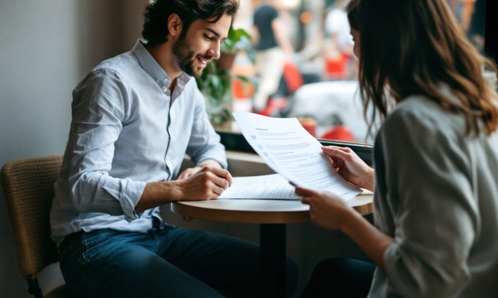 Duas pessoas analisando uma proposta impressa sobre a mesa de um café