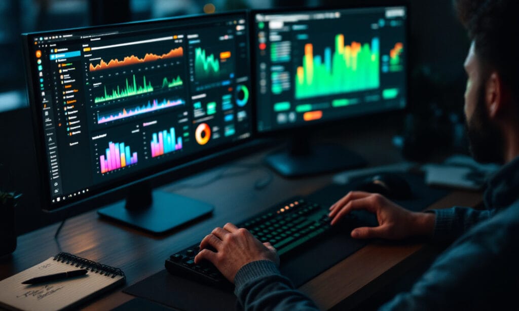 Profissional operando painéis de campanha em dois monitores, representando a gestão de tráfego pago