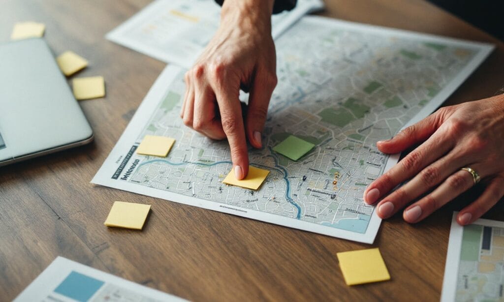 Mãos apontando um ponto num mapa de bairro impresso sobre a mesa