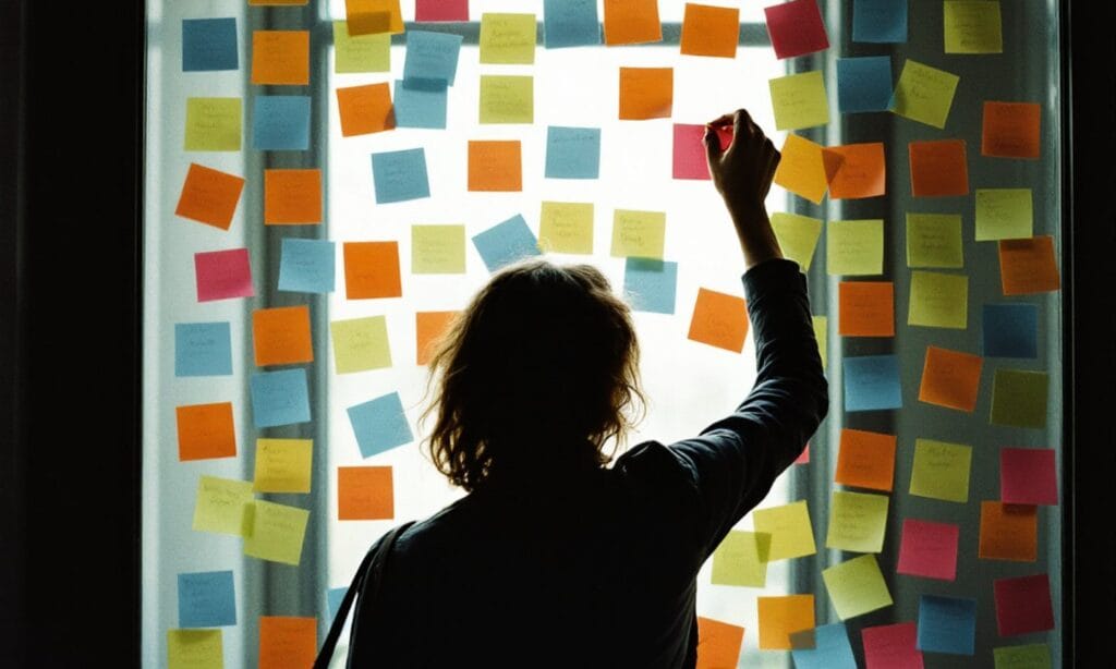 Pessoa organizando post-its coloridos numa parede de vidro para planejar assuntos