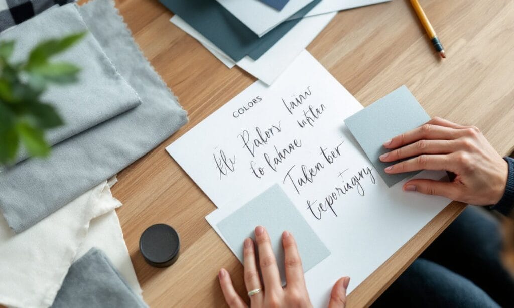 Cartelas de cor e amostras sobre a mesa para definir a identidade visual da marca