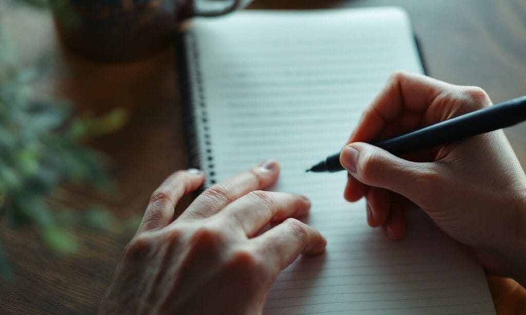 Mão escrevendo num caderno pautado, planejando o texto antes de publicar