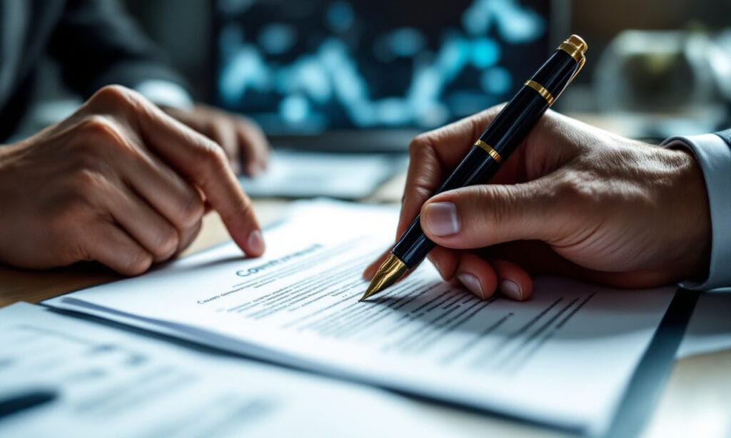 Mãos apontando uma cláusula do contrato antes da assinatura com o gestor de tráfego