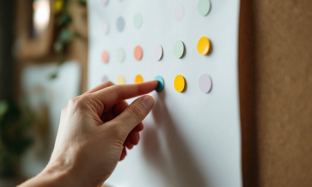 Mão colando adesivos coloridos numa grade em branco, marcando a cadência de publicação