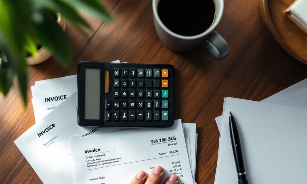 Calculadora e contas impressas sobre a mesa, alguém fazendo as contas do negócio