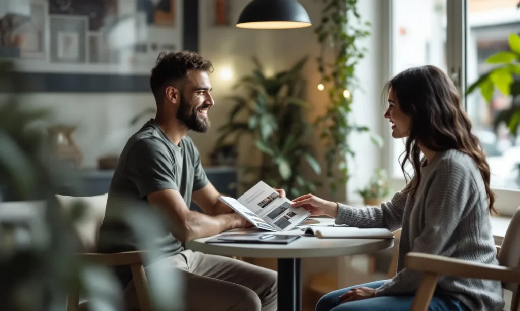 Duas pessoas folheando um portfólio impresso na mesa de um café