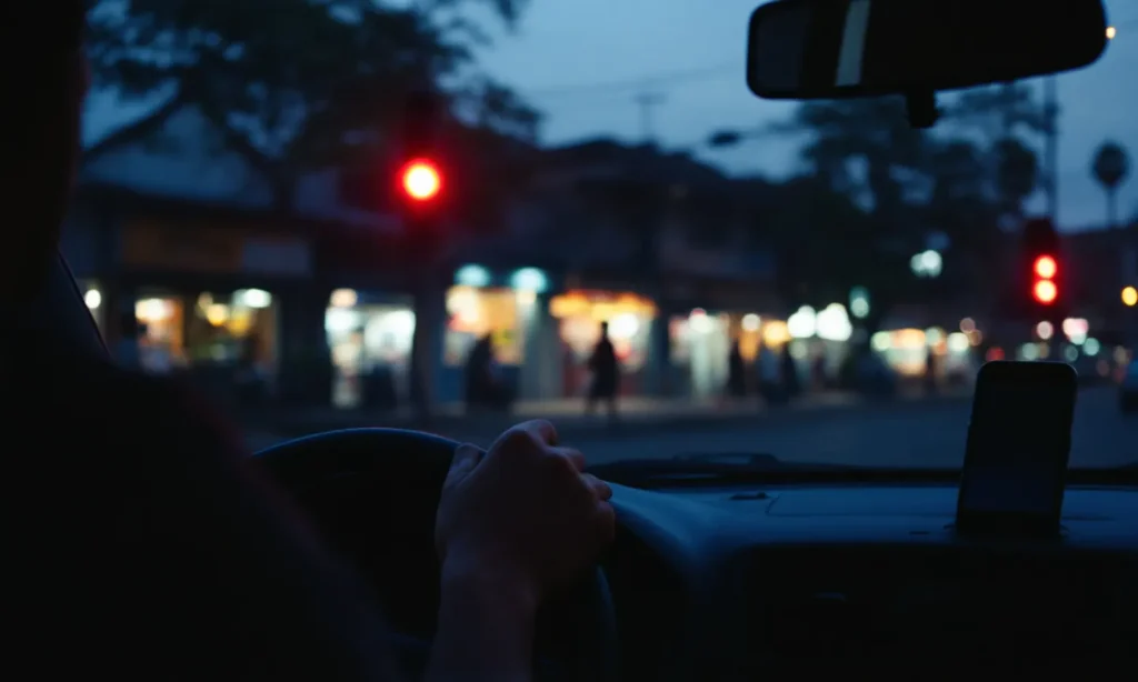 Vista de dentro do carro para uma rua com lojas iluminadas no fim da tarde
