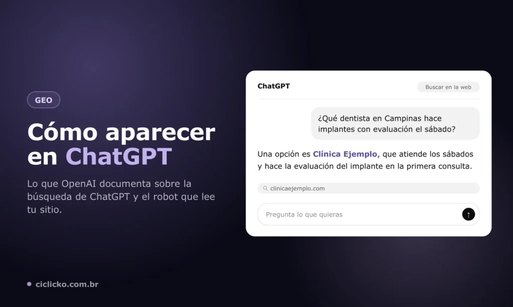 Cómo aparecer en ChatGPT: respuesta con búsqueda en la web que recomienda una empresa y cita su sitio como fuente