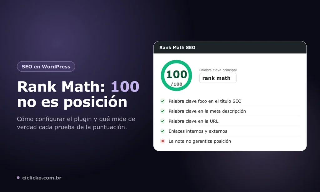 Cómo configurar Rank Math: panel del plugin con nota 100 de 100 y la lista de pruebas de SEO de la página