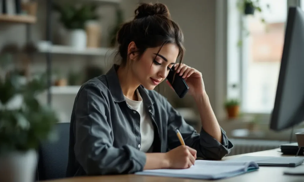 Recepcionista de clínica anotando um agendamento numa agenda de papel enquanto fala ao telefone