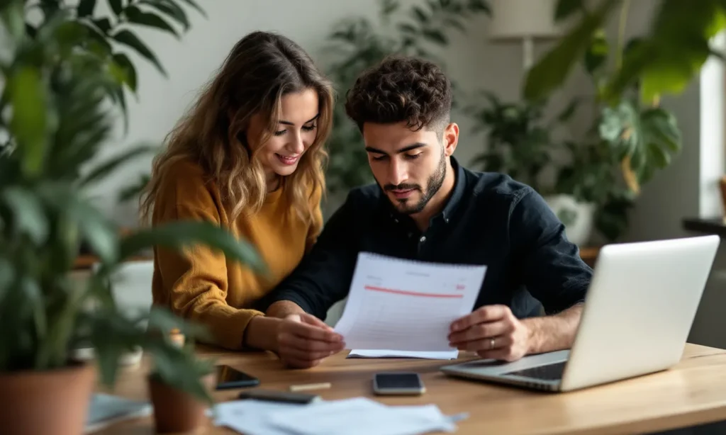 Empreendedora conferindo um recibo impresso e o calendário na mesa de casa