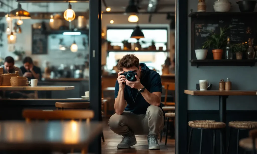 Fotógrafo registrando o interior de um restaurante de família