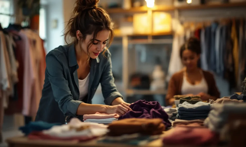 Dona de boutique arrumando a vitrine enquanto um cliente olha as peças ao fundo