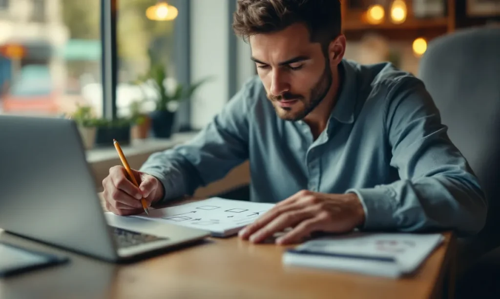 Homem num café desenhando um plano com caixas e setas num caderno de papel