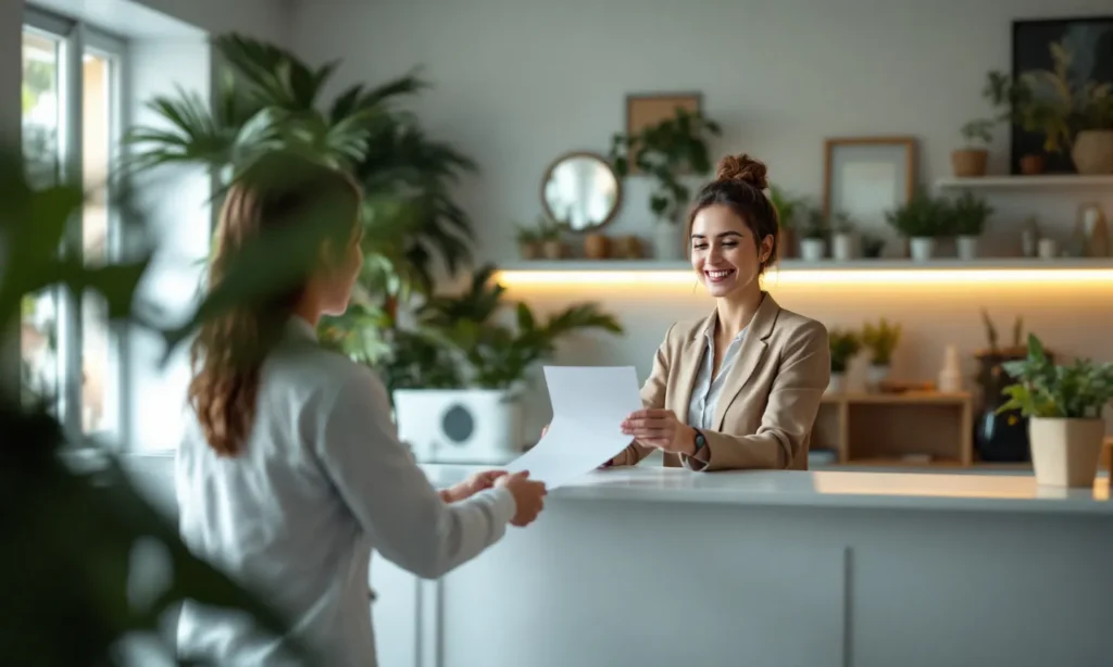 Recepção de uma clínica pequena com a recepcionista atendendo um paciente
