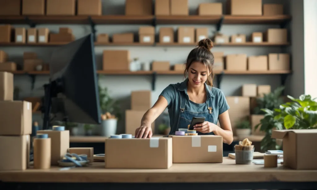 Dona de loja virtual embalando produtos no estoque