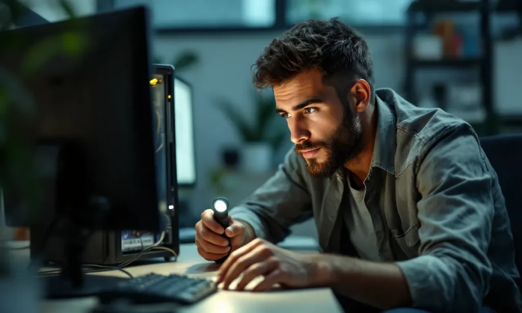 Técnico conferindo uma conexão atrás do computador com uma lanterna
