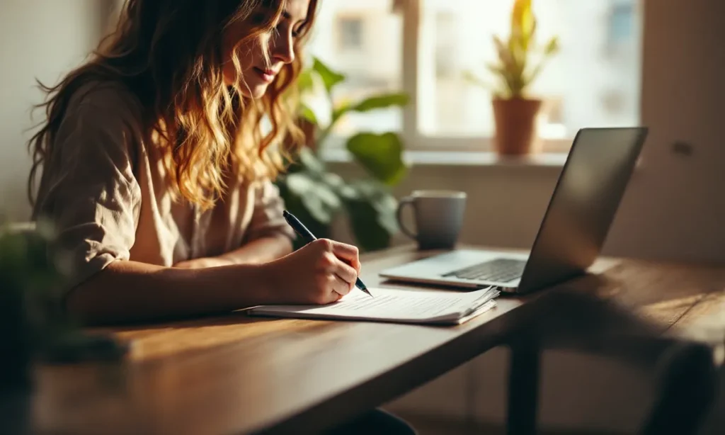 Profissional anotando uma lista de tarefas num bloco de papel ao lado de um notebook fechado