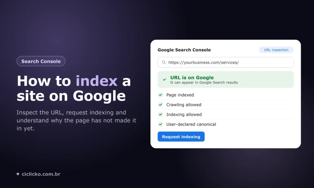 How to index a website on Google: Search Console URL inspection showing the indexed page and the request indexing button