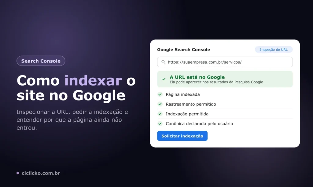 Inspeção de URL no Google Search Console mostrando a página indexada e o botão de solicitar indexação