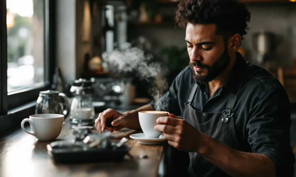 Barista caprichando no café no balcão de uma cafeteria