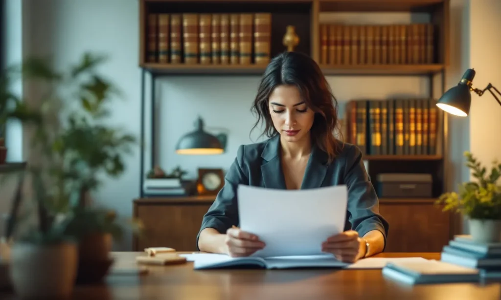 Advogada lendo um documento impresso no escritório, com livros jurídicos ao fundo