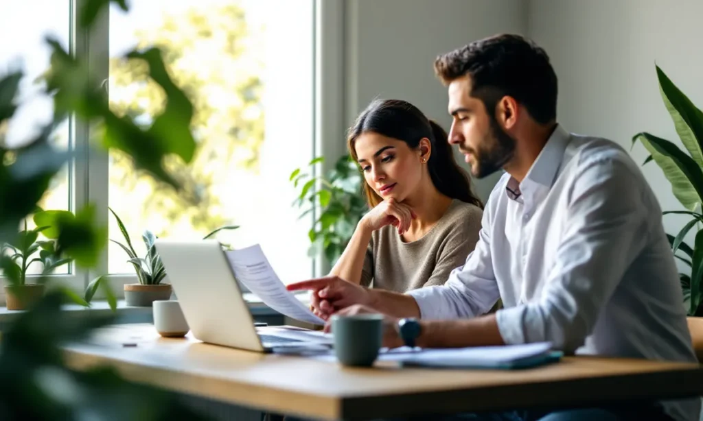 Um homem e uma mulher sentados lado a lado numa pequena agência, revisando o arquivo llms.txt do site antes de publicar