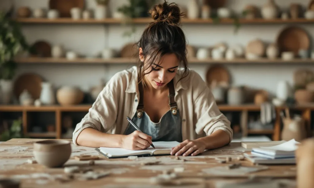 Ceramista anotando ideias num caderno no próprio ateliê
