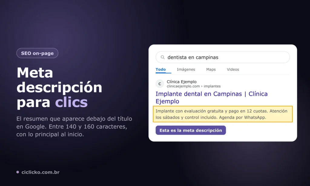 Resultado de Google con la meta descripción resaltada justo debajo del título de la página