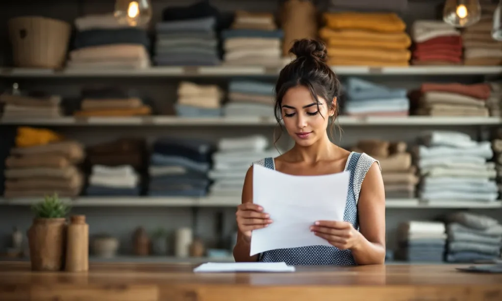 Dona de uma loja de roupas lendo uma folha impressa atrás do balcão