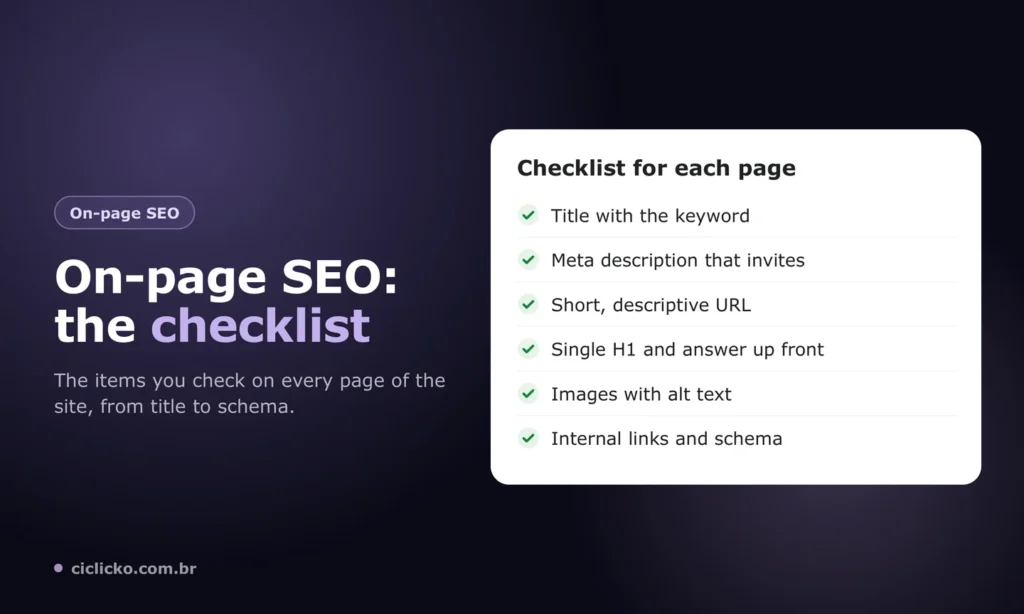 On-page SEO checklist with title, meta description, URL, H1, images, internal links and schema