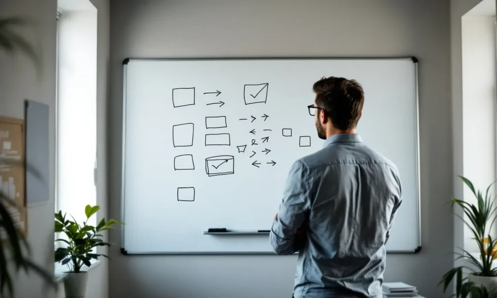 Homem analisando um esquema desenhado à mão num quadro branco do escritório