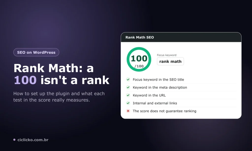 Rank Math setup guide: plugin panel showing a 100 out of 100 score and the page's list of SEO tests