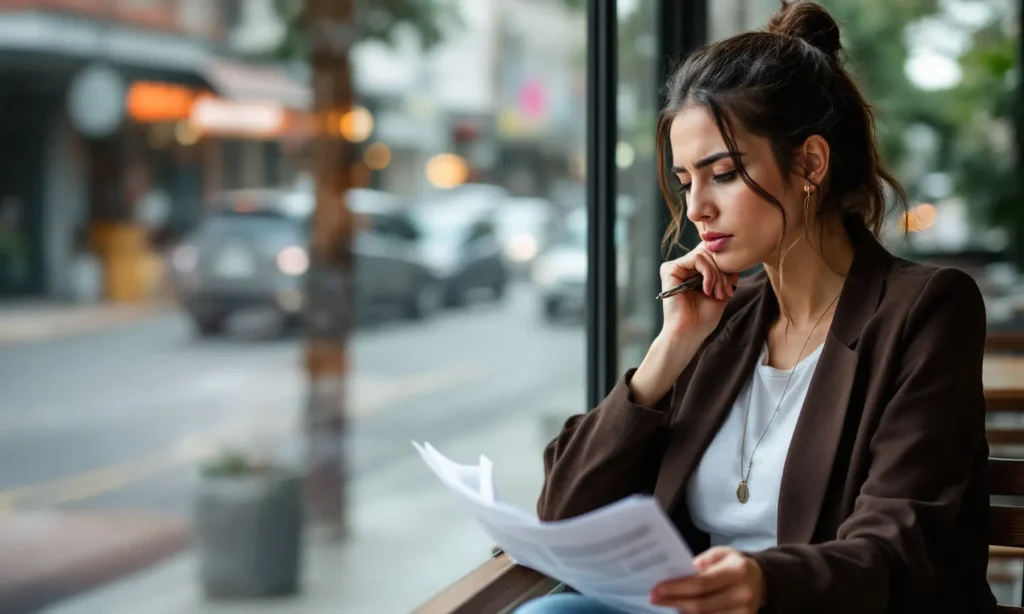 Mulher lendo com atenção uma folha impressa na mesa de um café