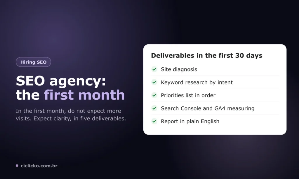 Checklist with the five deliverables an SEO agency should make in the first month
